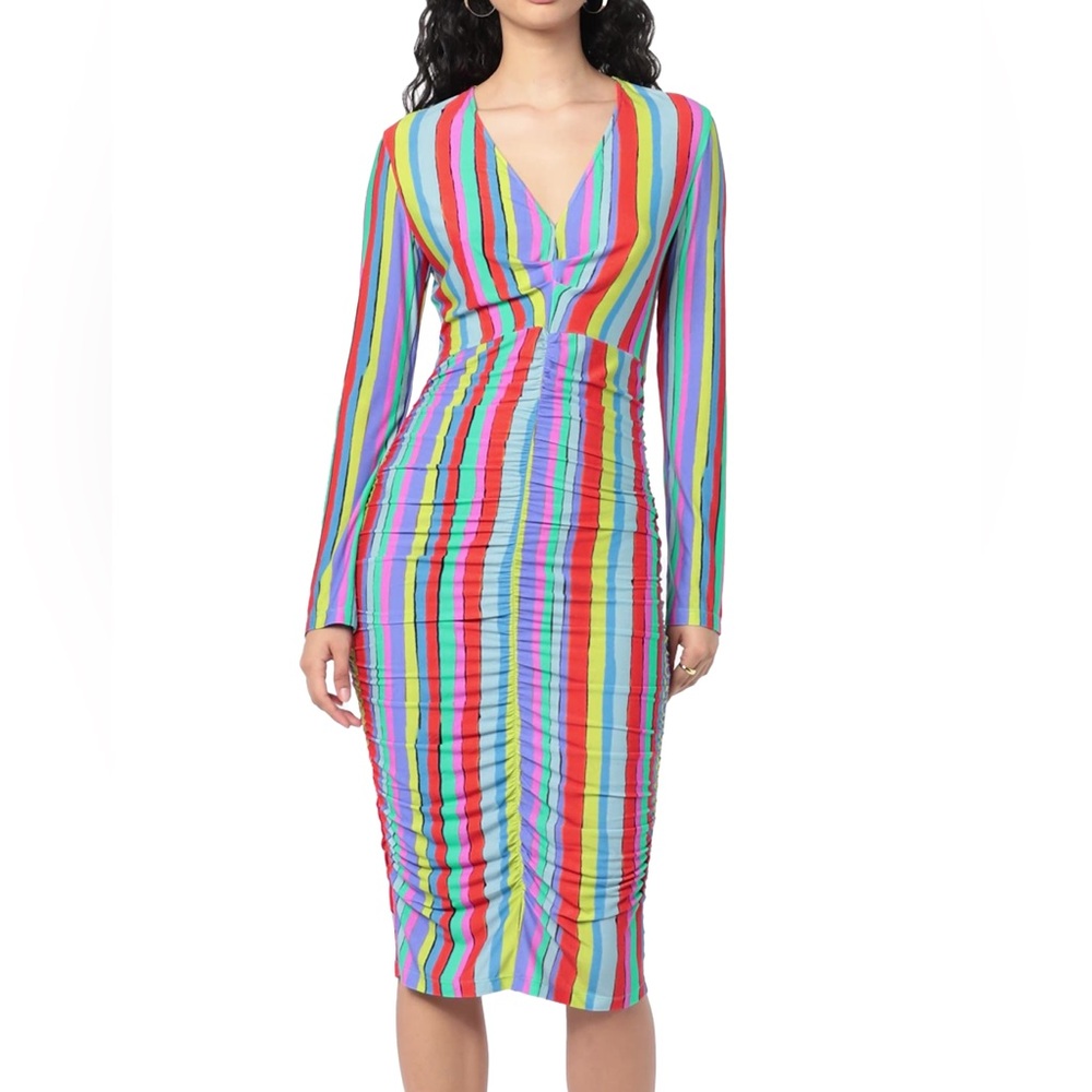 Jonathan Cohen NWT Deep V Striped Dress Bodycon Ruched Multicolor
